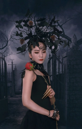 一个穿着黑色连衣裙的女孩手里拿着一朵花
