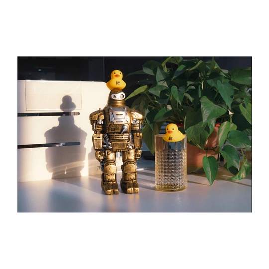 一个玩具机器人旁边的一盆植物