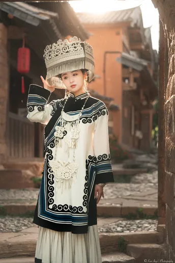 一个穿着中国传统服装的年轻女孩戴着帽子