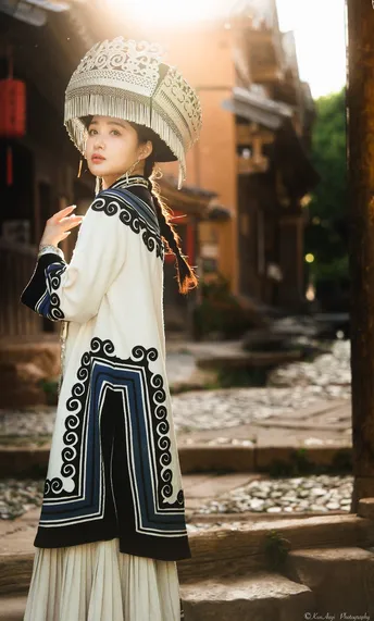 一个小女孩穿着传统的中国服装戴着帽子站在街上。