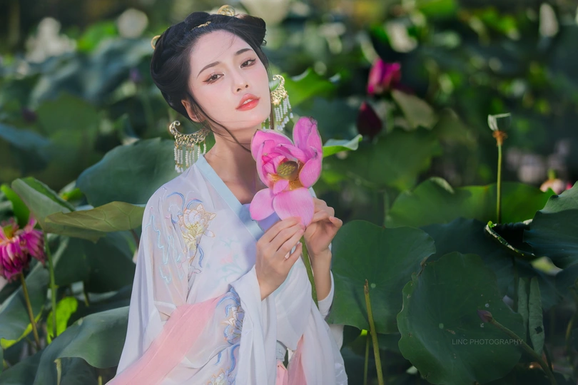 一位穿着传统服装的美女手里拿着一朵粉色花 在粉莲花花园里。