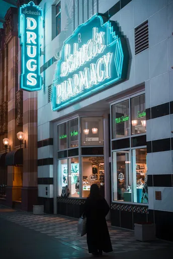 一位女子夜晚走过一个建筑物 该建筑物上有一个霓虹灯招牌 上面写着伦敦市。