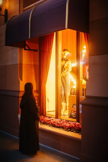 一位妇女站在窗户旁 晚上看着商店橱窗里的模特。