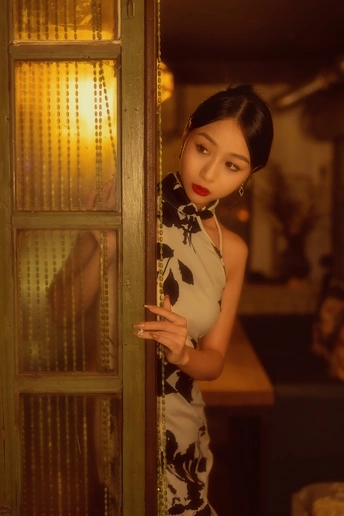 一个穿着连衣裙的年轻女子站在门前