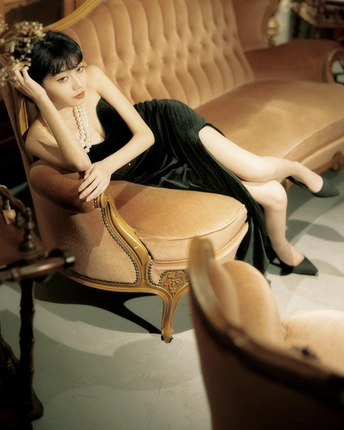 一个穿着黑色连衣裙的年轻女子坐在沙发和椅子上