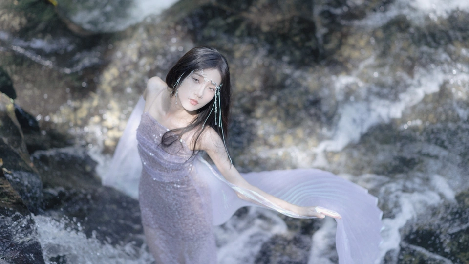 一个穿着紫色长裙的年轻女子站在河里或小溪里