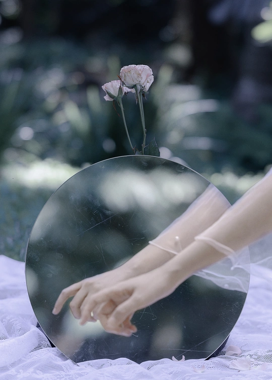 一个人拿着花碰触镜子