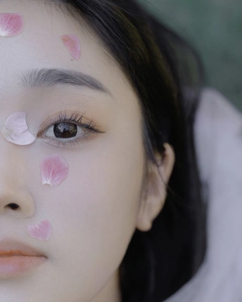 一个脸上带着粉色花朵妆容的年轻女子