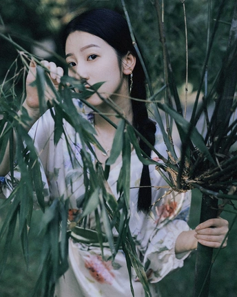 一位穿着和服的年轻女子拿着植物的枝条