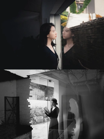 一个女人从窗户望向一个男人