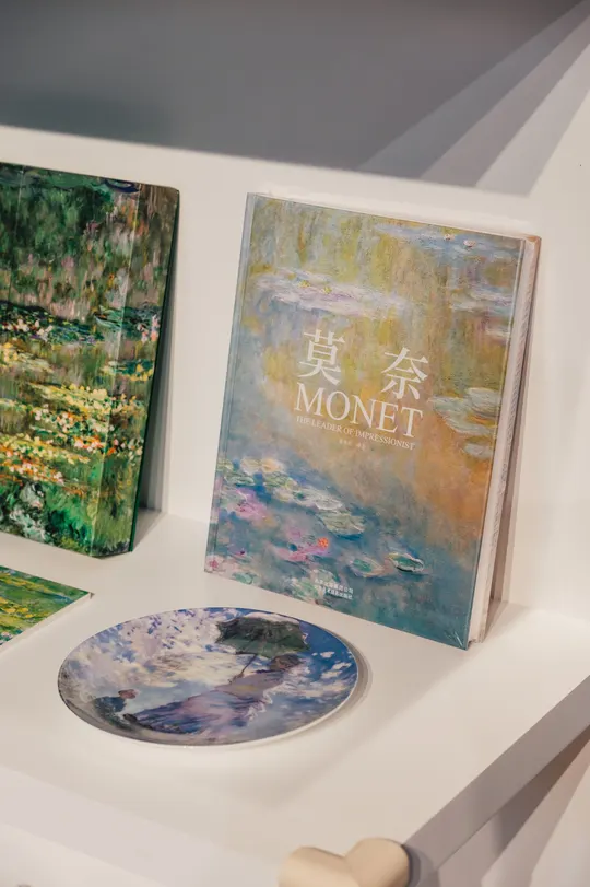 一本书、CD和其他艺术品的书架上的图片