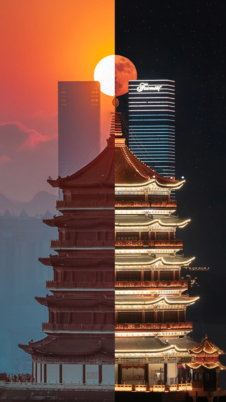 日月同框下的古今同框。