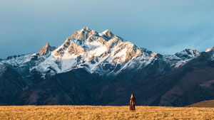 一个人站在一个金色的田野上 前面有一匹马 背景是雪山山脉在日落时分。
