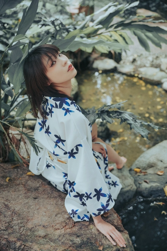 一个穿着漂亮连衣裙的年轻女子坐在小溪边的岩石上