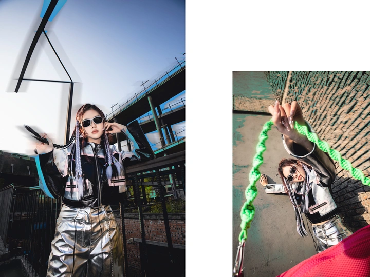 一位年轻女子站在街头的一幅图像 以及一个人举起手机的一幅图像。