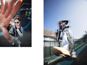 一个由照片组成的拼贴 其中一个人在滑板上 另一个人在斜坡上 她举起手