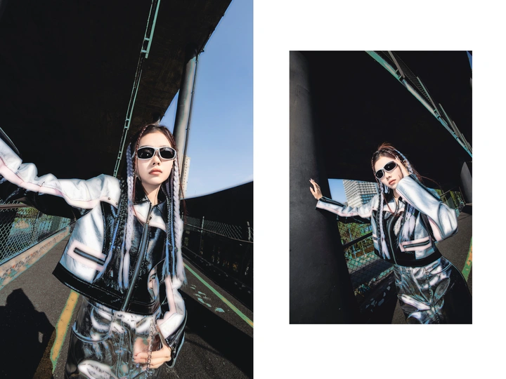 一个由照片组成的拼贴 展示了一位戴着太阳镜站在桥上的女人。