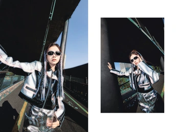 一个由照片组成的拼贴 展示了一位戴着太阳镜站在桥上的女人。