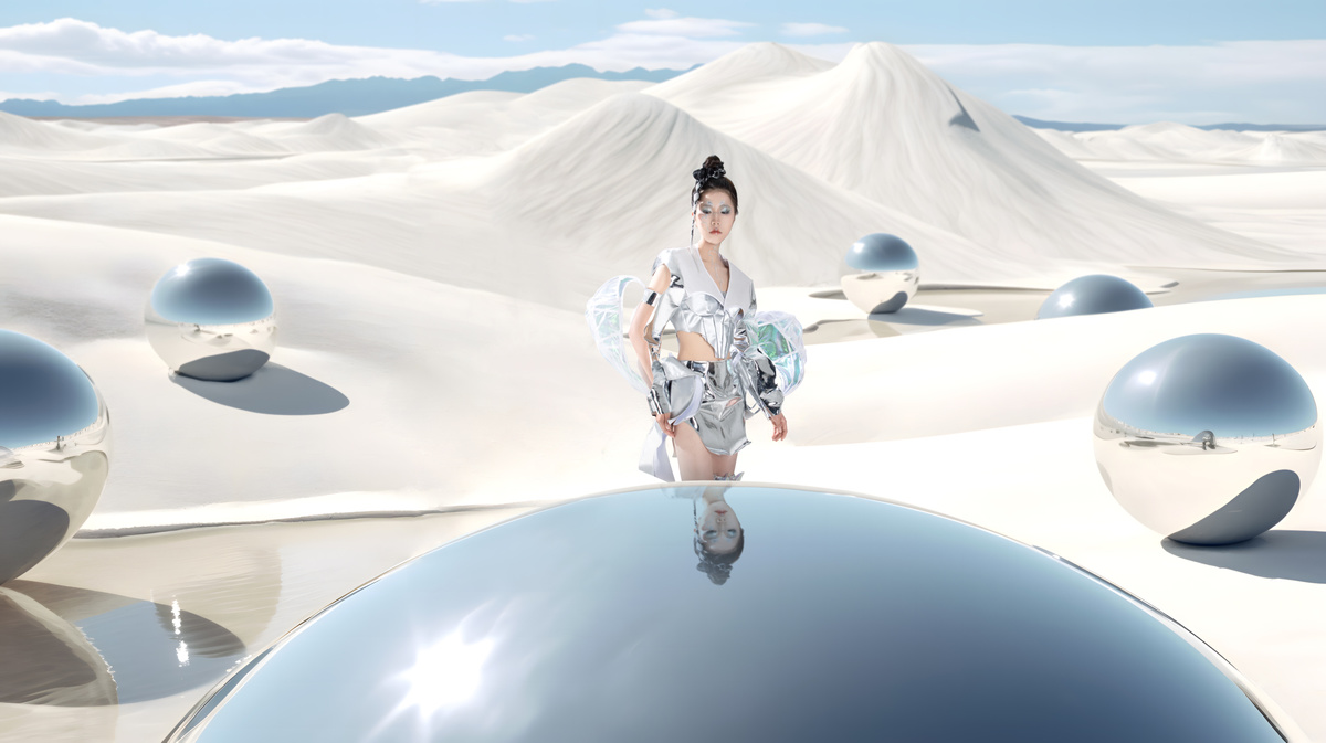 一个身着裙子的女人站在沙漠中的一个球体上 这是一幅数字艺术作品。