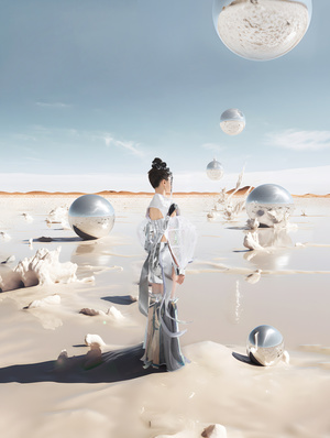 一位女子站在沙漠中仰望天空的数字艺术作品