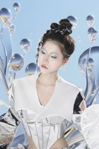 一位穿着白色和银色艺术服装的美丽女人