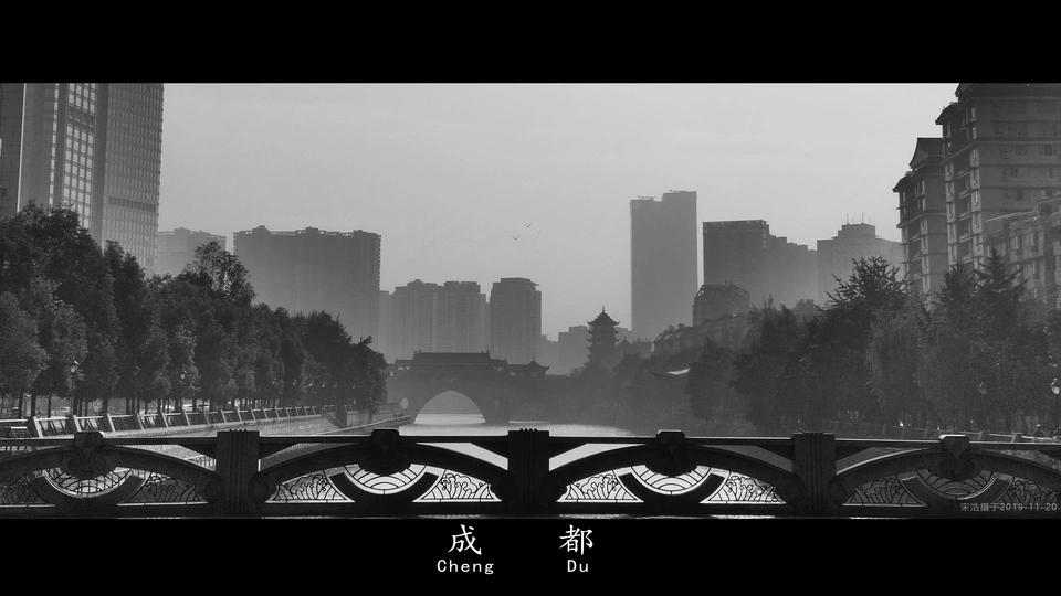 河上一座桥的黑白照片 背景是建筑物