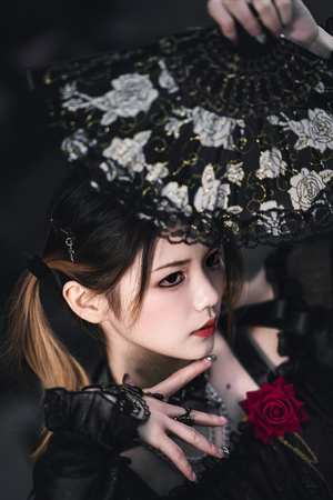 一位穿着黑色连衣裙和帽子 手持带红玫瑰的雨伞的年轻女子