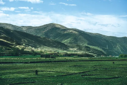 背景中有山丘和山脉的绿色山谷
