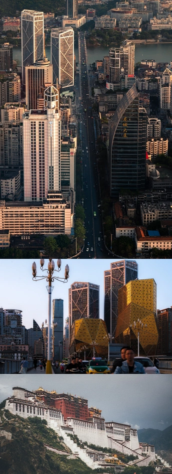 中央有高楼大厦和水的大城市