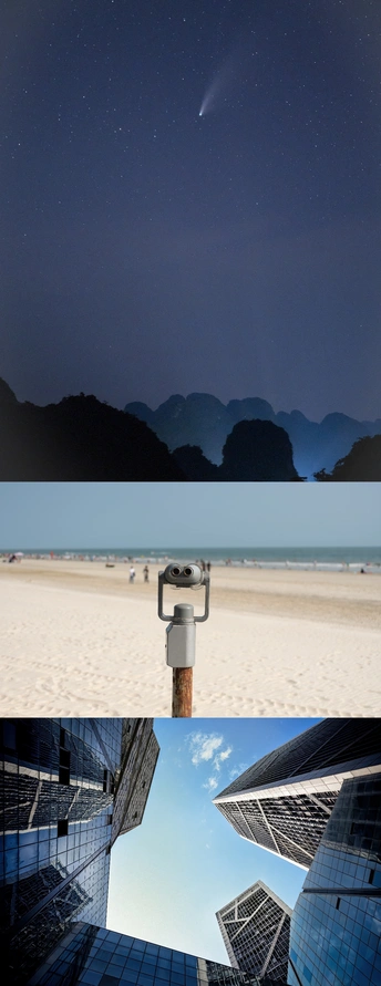 夜晚海滩上的星空照片和城市中的摩天大楼照片