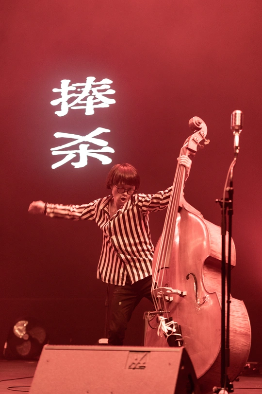 一个男子在双 bass上演奏乐器站在舞台上