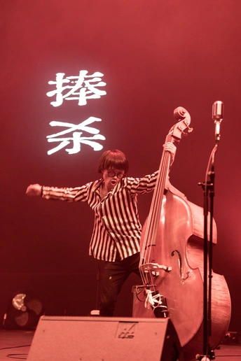 一个男子在双 bass上演奏乐器站在舞台上