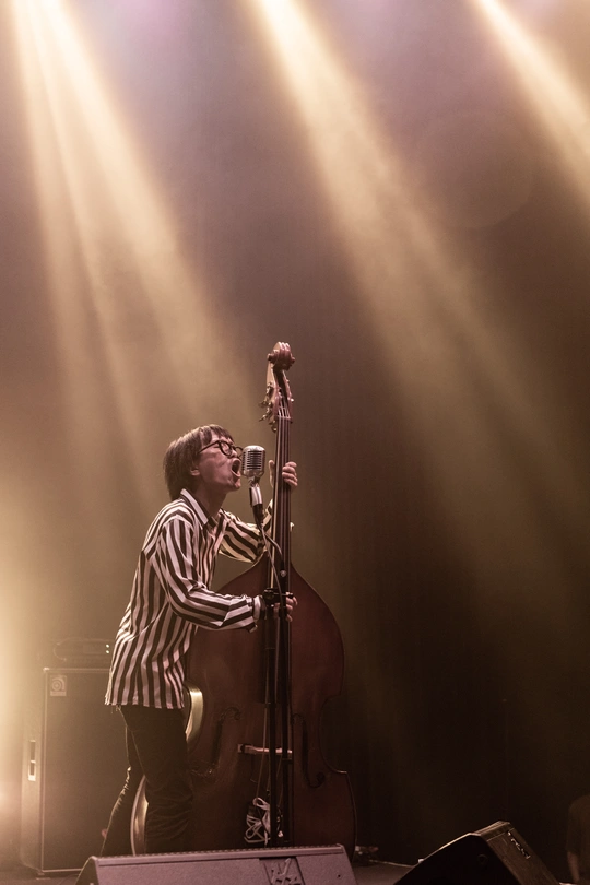 一个在音乐会舞台上演奏乐器的人在灯光下