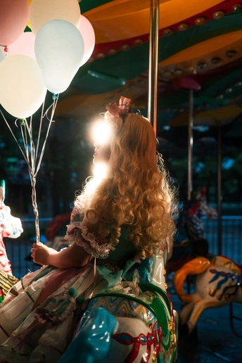 一个年轻女子抱着一个气球 骑在旋转木马上带着一个小女孩。