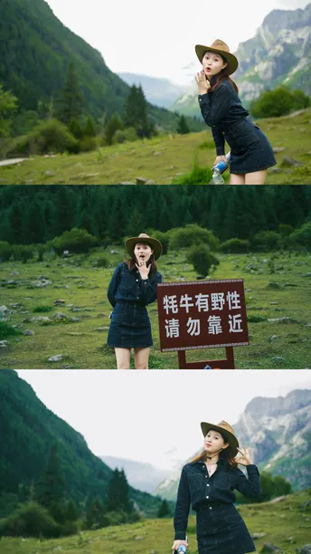 戴帽子站在有山丘背景的标志旁边的女人