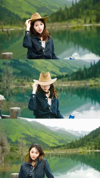 一位戴帽子的女士站在湖边 背景是山脉。