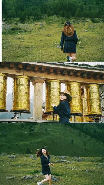 一些女人站在寺庙附近的山顶上