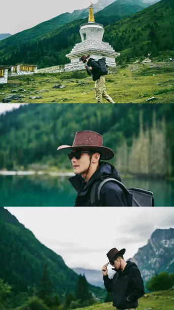 一顶帽子的人在拍湖和山