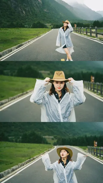 一位妇女站在一条路的中央