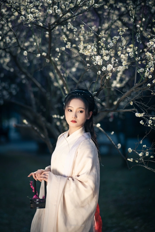 一位穿着传统白色和服的年轻女子 手持雨伞 站在盛开的花树前。