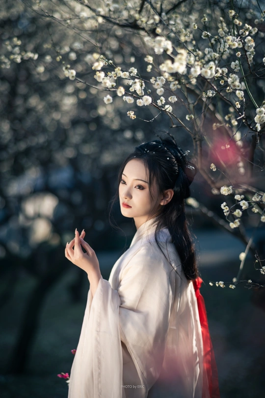 一位穿着和服的美丽女人站在一朵盛开的树下