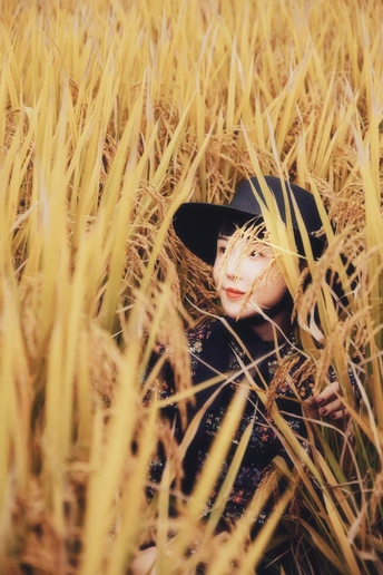 一个戴黑色帽子的年轻女子坐在一片高高的金黄色草地上