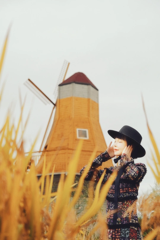 一位戴黑色帽子站在田野中 背景是风车的一名女性。