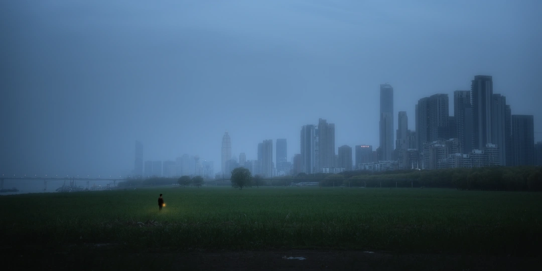 一个人站在绿色的草地上 背景是夜晚的城市天际线。