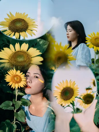 一位拿着装满向日葵的花瓶的女性站在向日葵花田中 而一个女孩正在为这张照片拍照。