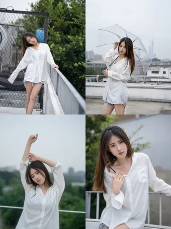 一位穿白衬衫拿伞的女人