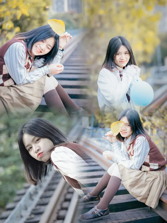 女孩们在铁路轨道上的照片拼贴