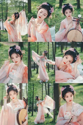 美丽的女性穿着粉红色和服的照片