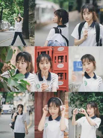 街头的一个拼贴 包含一个男孩和一个女孩穿着校服的照片
