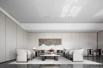 一个现代化的客厅 墙壁为白色 有一张大型桌子和椅子。